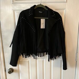 BLUE B WOMEN'S STUDDED FAUX SUEDE FRINGE JACKET